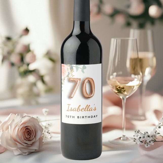70-årsdagen blommigt ro guld eucalyptus monogram vinflaska etikett (Skapare uppladdad)
