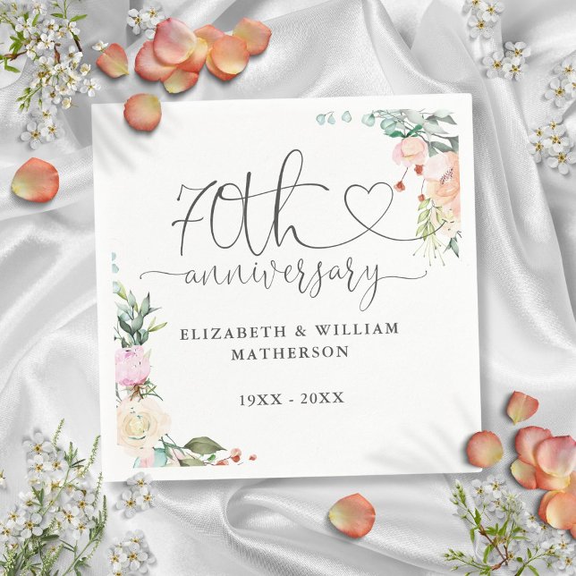 70-årsdagen Guld Heart Ro Blommigt Pappersservett (70th Anniversary Gold Heart Roses Floral Napkins)