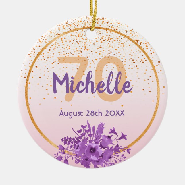 70-årsdagen ro guld lila blommigt namn julgransprydnad keramik (Framsidan)