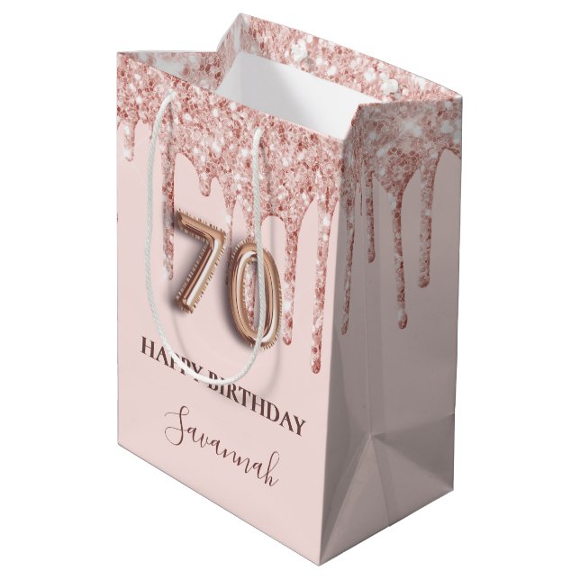 70-årsdagen  rosa glitter droppar ro guld (Baksidan Vinklad)