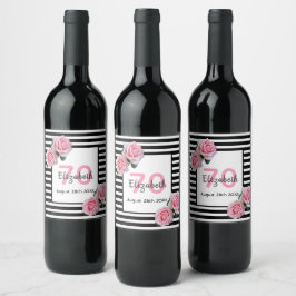70-årsdagen rosa ros svartvit rand vinflaska etikett