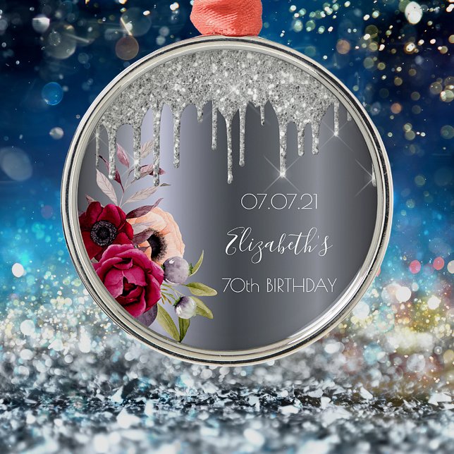 70-årsdagen silver glitter får blommigt burgundi julgransprydnad metall (Skapare uppladdad)