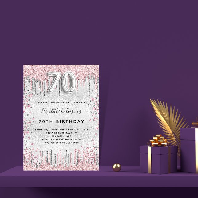 70-årsdagen silver rosa glitter glamorös inbjudningar (Skapare uppladdad)