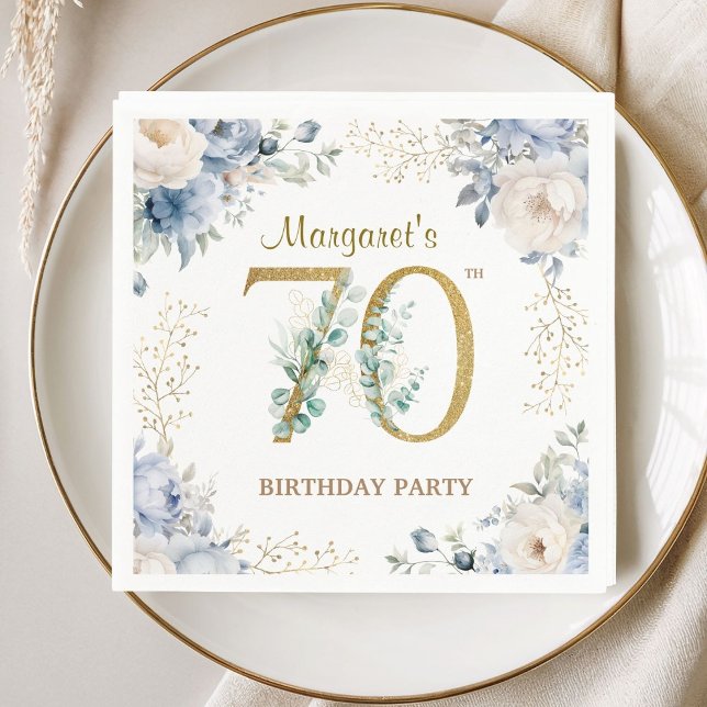 70-årsfest Elegant dammig blå blommig Pappersservett (Skapare uppladdad)