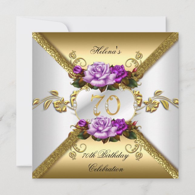 70-årsfest Eleganta lila guldröda rosor Inbjudningar (Framsida)