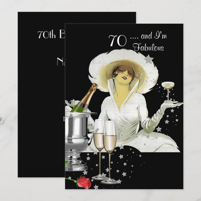 70-årsfest Retro-Diva Art Deco Röd Silver Inbjudningar (Fram/baksida)