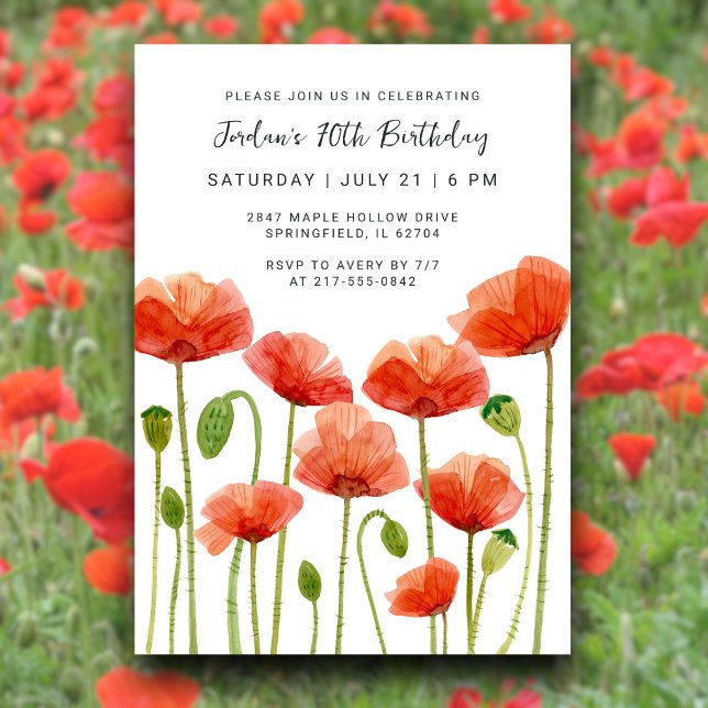 70-årsfirande Blommor Vallmo Akvarell Chic Inbjudningar (Front + back poppy design for a polished look. Edit for any age too.
)