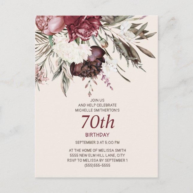 70-årsfirande Burgundy Elfenbensvita Blommor Kräm Vykort (Framsida)