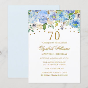 70-årsfirande Elegant Blå Guld Blommig Inbjudan