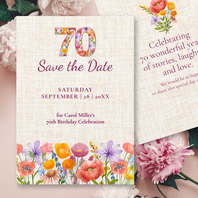 70-årsfirande Elegant blommande linneblommor Spara Datumet (Skapare uppladdad)