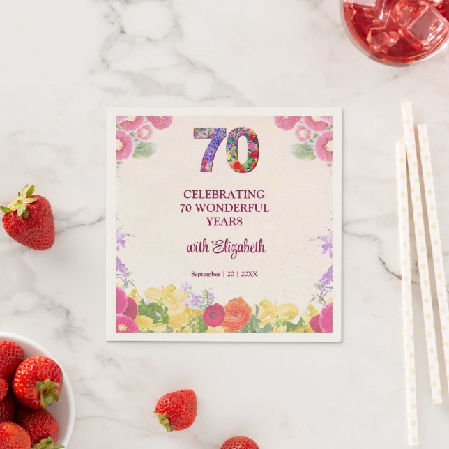 70-årsfirande Elegant Blommig Festsdekoration Pappersservett (Insitu)