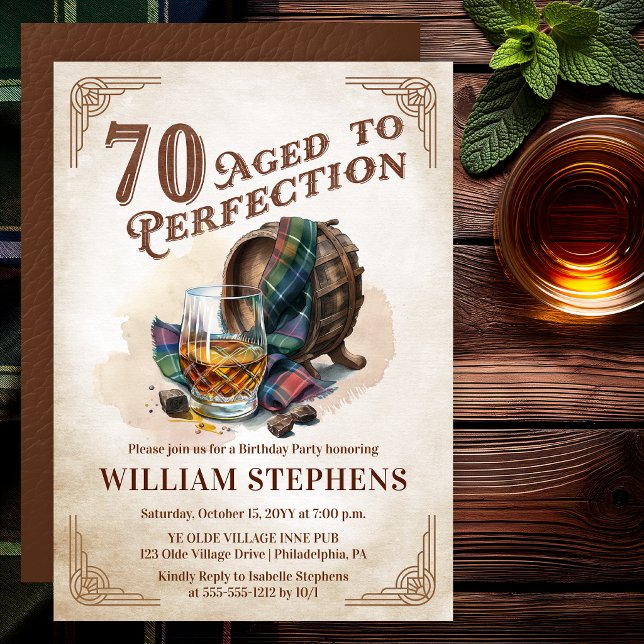 70-årsfirande för den åldrande skotska födelsedags inbjudningar (Aged to Perfection 70th Birthday Party Scotch Whiskey Invitation for Men)