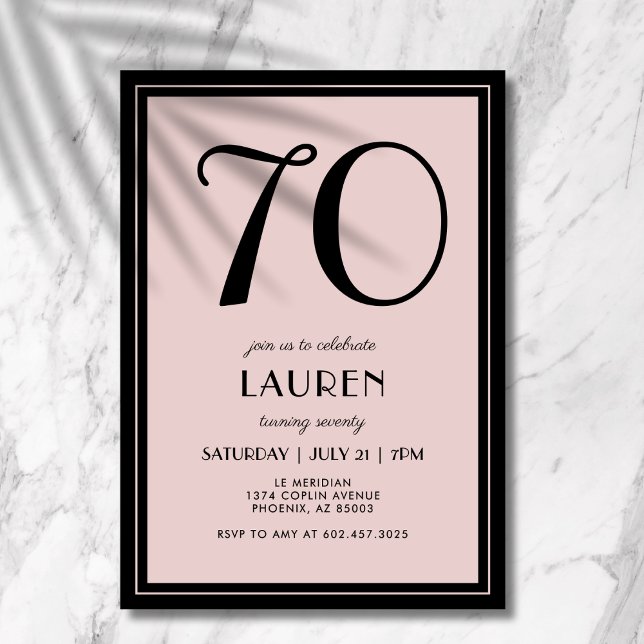 70-årsfirande för kvinnor Modern Minimalistisk Sva Inbjudningar (A chic black and pink invitation that blends modern minimal design with elegance.)