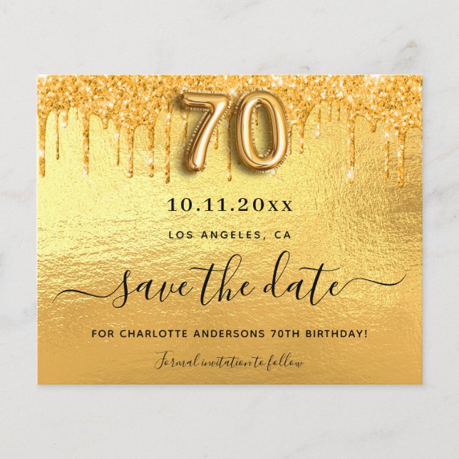 70-årsfirande guld glitter budget save the date flygblad (Framsidan)
