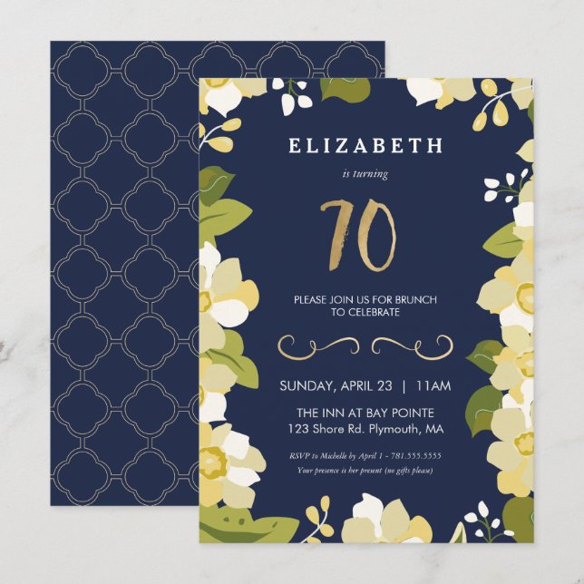 70-årsfirande inbjudan, Eleganta blommor anpassade Inbjudningar (Fram/baksida)