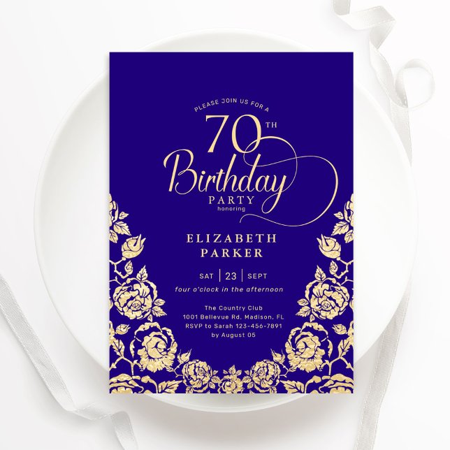 70-årsfirande lila och guldrosor inbjudningar (Skapare uppladdad)
