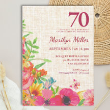 70-årsfirande med djärvt blommotiv i linnetextur