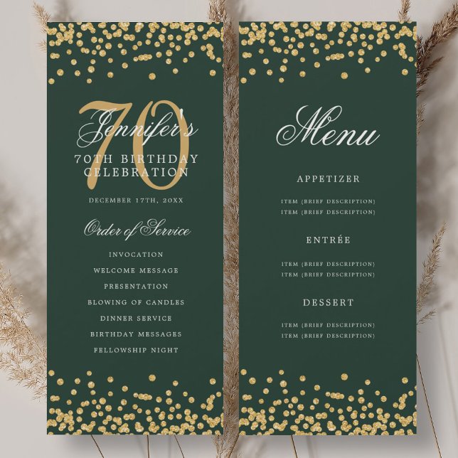 70-årsfirande meny med guldgrön konfetti inbjudningar (70th Birthday Program Gold Green Confetti Menu)