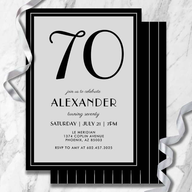 70-årsfirande Modern Minimalistisk Svart Grå Herr Inbjudningar (Celebrate turning 70 with sleek typography and timeless sophistication.)