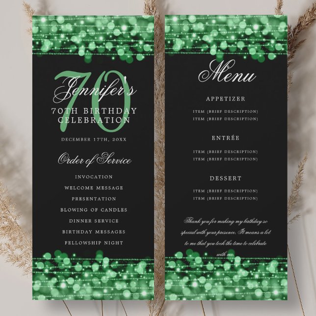 70-årsfirande Program Grön meny+Tack (70th Birthday Program Green Menu+Thank You)