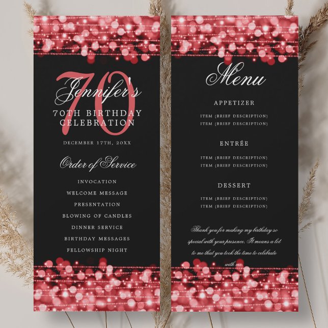 70-årsfirande Program Ruby Red Meny+Tack (70th Birthday Program Ruby Red Menu+Thank You)