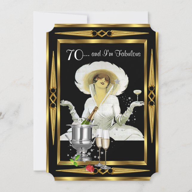 70-årsfirande Retro-Diva Art Deco Svart Guld Inbjudningar (Framsida)