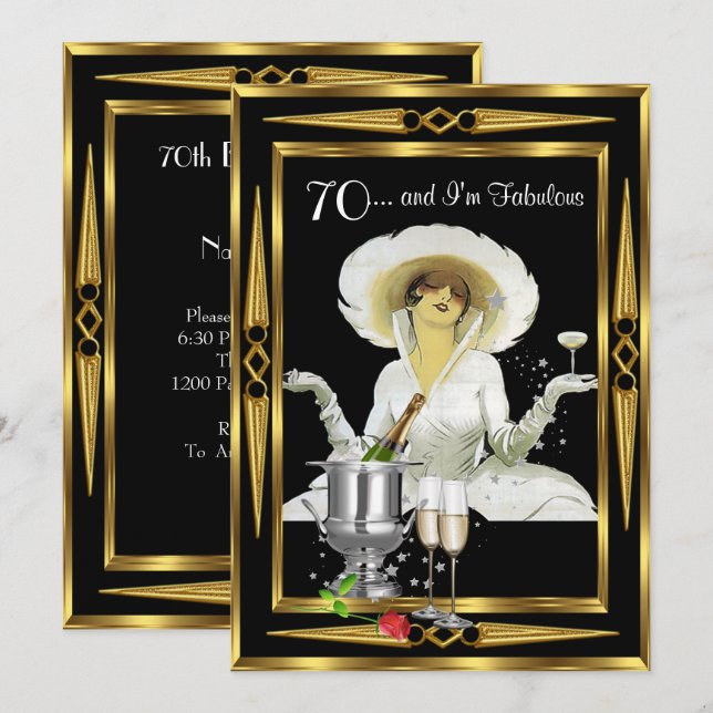 70-årsfirande Retro-Diva Art Deco Svart Guld Inbjudningar (Fram/baksida)