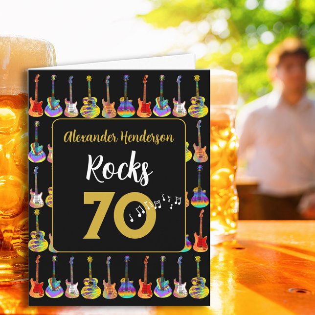 70-årsfirande Rock and Roll Gitarr lägg till Namn Kort (70th birthday rock and roll guitar personalized rocks 70 black and gold greeting card)