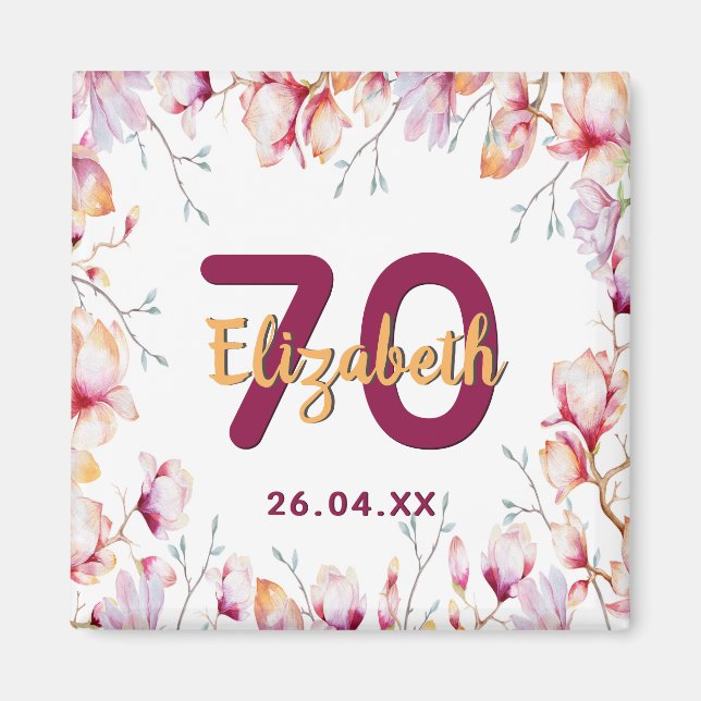 70-årsfirande rosa magnolia blomster save the date magnet (Framsidan)