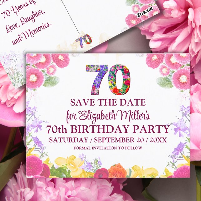 70-årsfirande Spara datum Blommig Elegant Vykort (Skapare uppladdad)