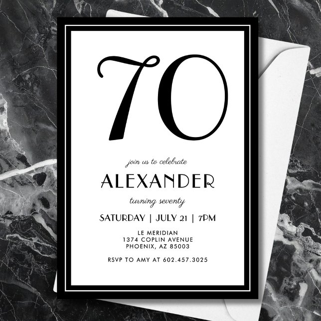 70-årsfirande svart och vitt modern minimalistisk  inbjudningar (A chic black and white invitation that blends modern minimal design with elegance for seventy.)