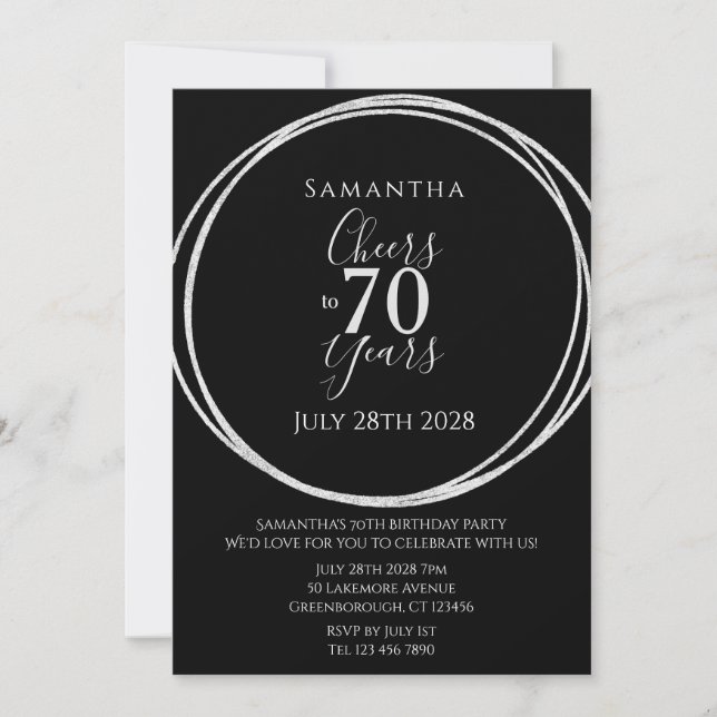 70-årsfirande Svart Silver Skål 70 år Party Inbjudningar (Framsida)