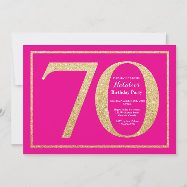 70-årsfirande varmt rosa och guldglitter inbjudningar (Framsida)