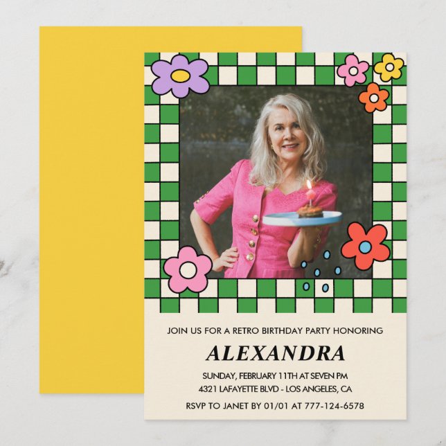 70-årsinbjudningar Retro Groovy Flowers Inbjudningar (Fram/baksida)