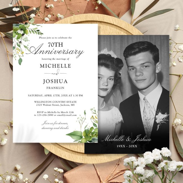 70-årsjubileum Blommig Grönska Foto Inbjudningar (70th Wedding Anniversary Floral Greenery Photo Invitation)
