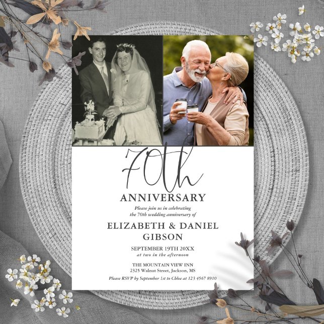70-årsjubileum för bröllop Då Och Nu 2 Foto Inbjudningar (70th Wedding Anniversary Then And Now 2 Photo Invitation)