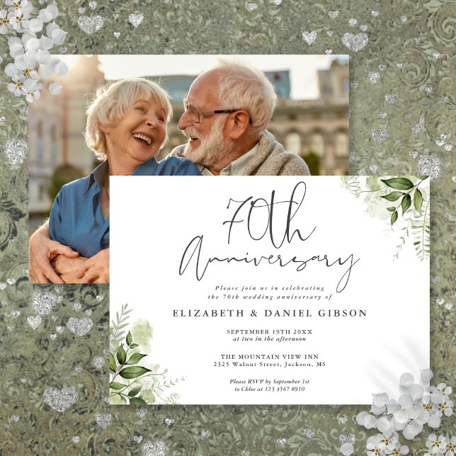 70-årsjubileum Grönska Blommig Foto Inbjudningar (70th Wedding Anniversary Greenery Floral Photo Invitation)