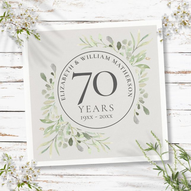 70-årsjubileum Platinum Greenery Pappersservett (70th Wedding Anniversary Platinum Greenery Napkins)