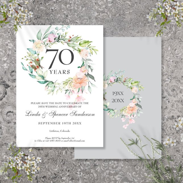 70-årsjubileum Rosor Blommig Girlang  Spara Datumet (70th Wedding Anniversary Roses Floral Garland Save The Date)