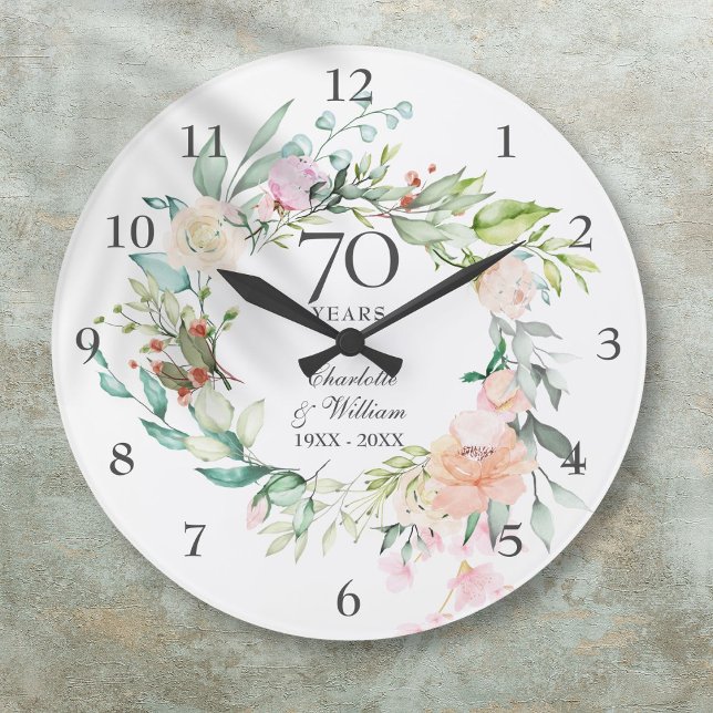 70-årsjubileum Rosor Blommor Stor Klocka (70th Wedding Anniversary Roses Floral Large Clock)