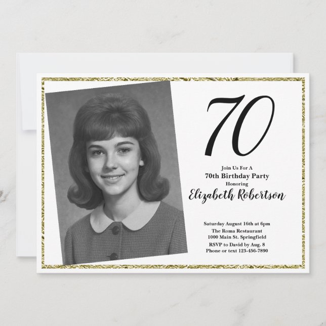 70:e Anpassningsbarna Photo White och Guld Inbjudningar (Framsida)