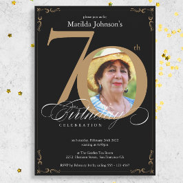 70:e Black Guld Elegant Calligraphy Photo Birthday Inbjudningar
