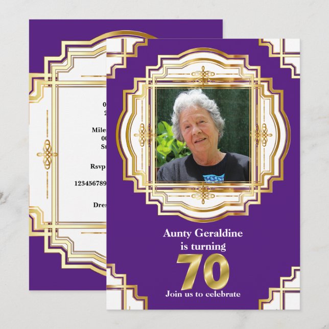 70:e fint guld lila vit fotoram sjuttio inbjudningar (Fram/baksida)