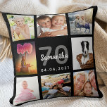 70:e födelsedag anpassningsbar fotokollage kvinna  kudde<br><div class="desc">En unik gåva till en kvinna på 70 års födelsedag, som firar sitt liv med en kollage av 8 av dina egna foton, bilder. Anpassa och lägg till hennes namn, 70 år och en dejt. Chicens svarta bakgrund. Grått och vitt brev och nummer. Namn är skrivet med ett modernt handskript...</div>