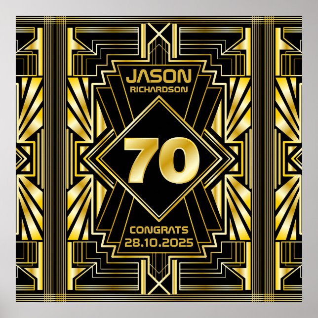 70:e födelsedag Art Deco Guld Black Underbar Gatsb Poster (Framsidan)