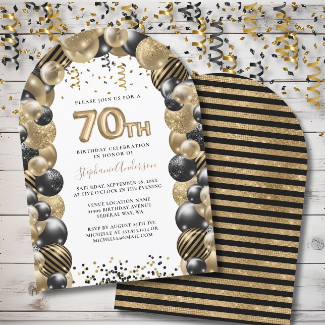 70:e födelsedag Balloon Guld Black Gnistra Inbjudningar (70th Birthday Balloon Gold Black Sparkle Invitation)