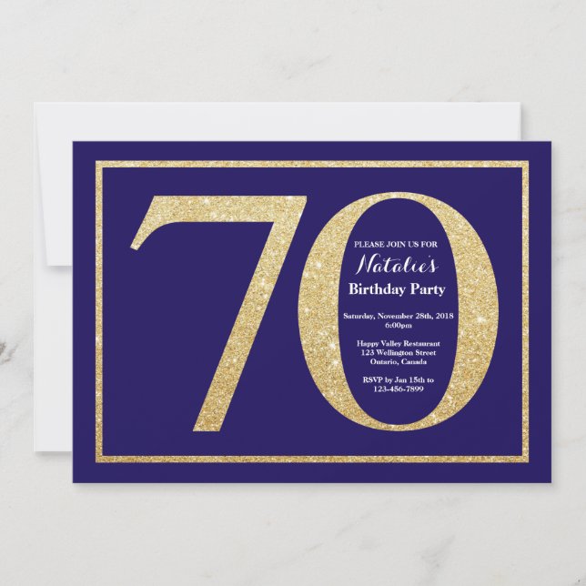 70:e födelsedag Blått och Guld Glitter Inbjudningar (Framsida)