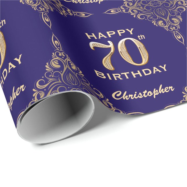 70:e födelsedag Blått och Guld Glitter Ram Presentpapper (Rullad Hörn)