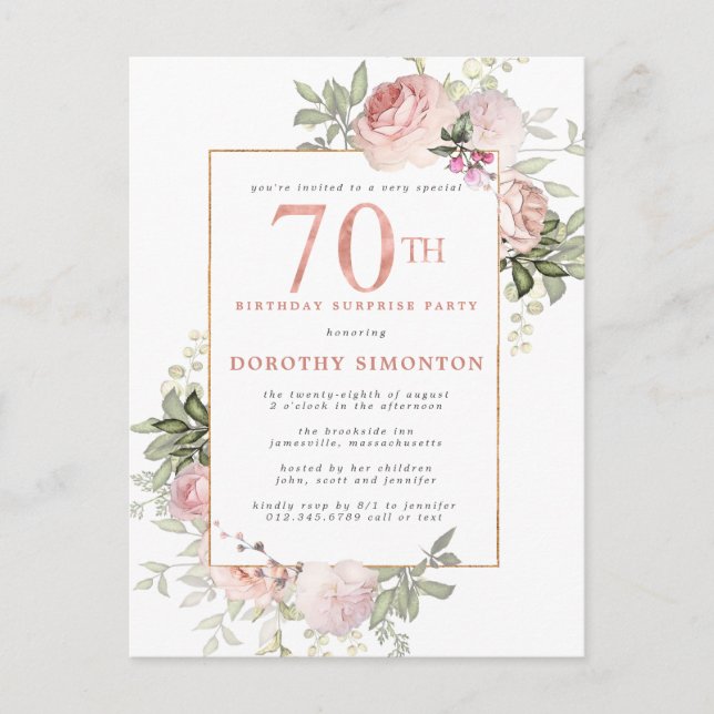 70:e födelsedag Blommigten Party Rosa ros Inbjudan Vykort (Framsida)