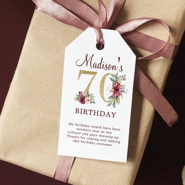 70:e födelsedag Burgundy Guld Blommigt Personlig Presentetikett (Skapare uppladdad)